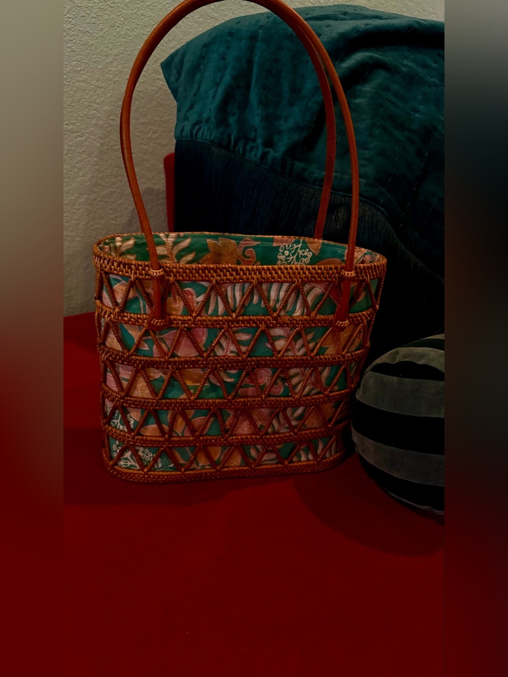 Beautiful Bali Woven Rattan Tote Bag with Teal Floral Lining